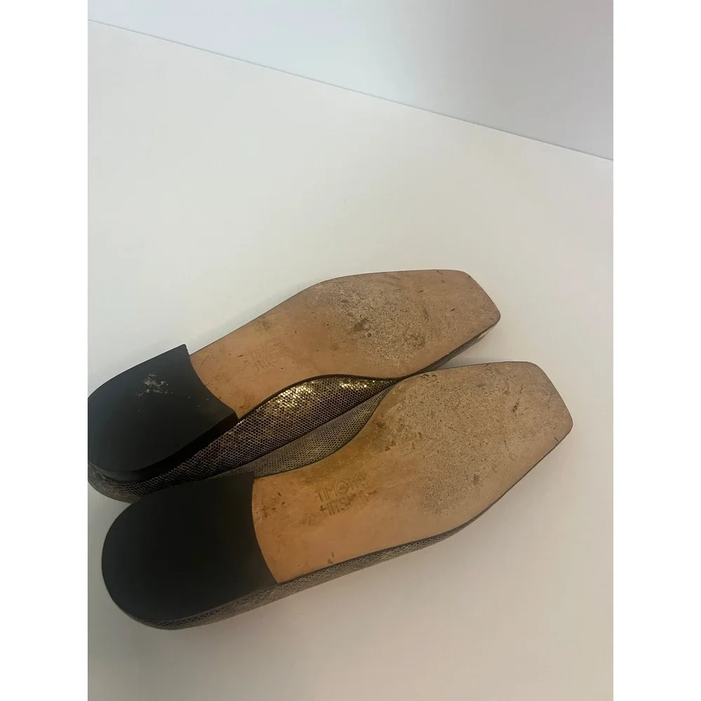 Timothy Hitsman Womens Snakeskin Embossed Square Toe Flats Gold Metallic Vintage